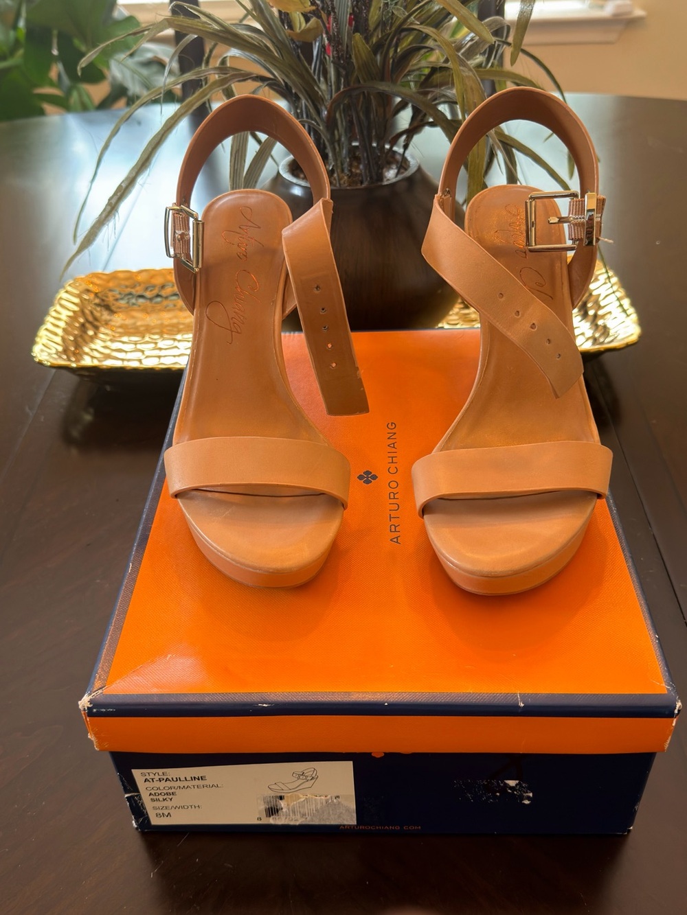 Arturo Chiang Tan Leather Platform Slingback Heels